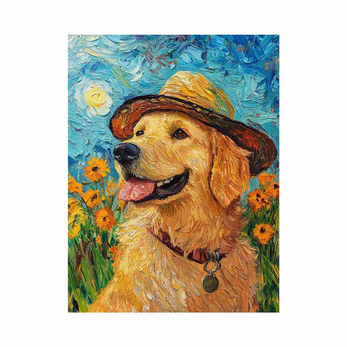 Golden retriever with straw hat canvas art for cheerful living room decor.
