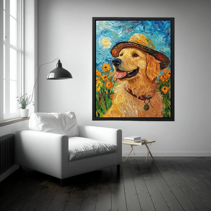 Golden retriever with straw hat canvas art for cheerful living room decor.