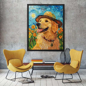 Golden retriever with straw hat canvas art for cheerful living room decor.