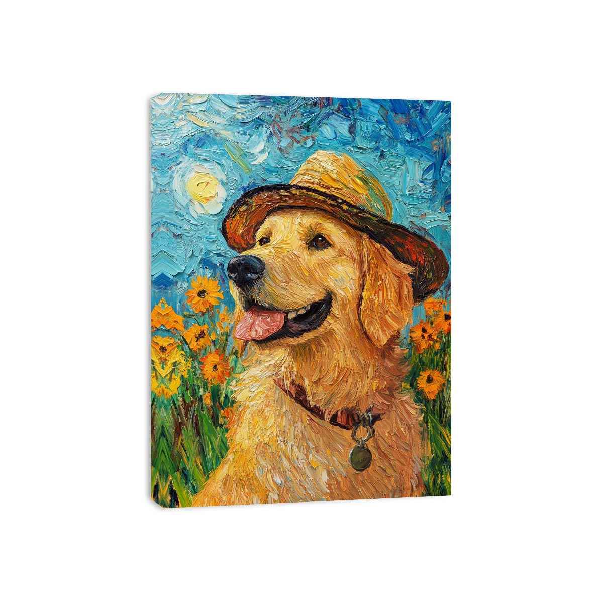 Golden retriever with straw hat canvas art for cheerful living room decor.