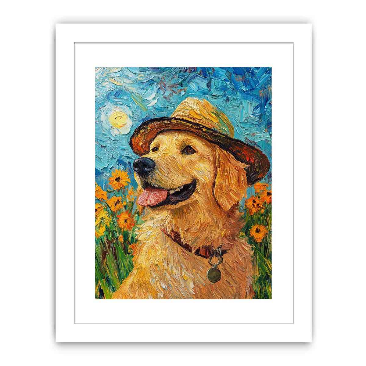 Golden retriever with straw hat canvas art for cheerful living room decor.