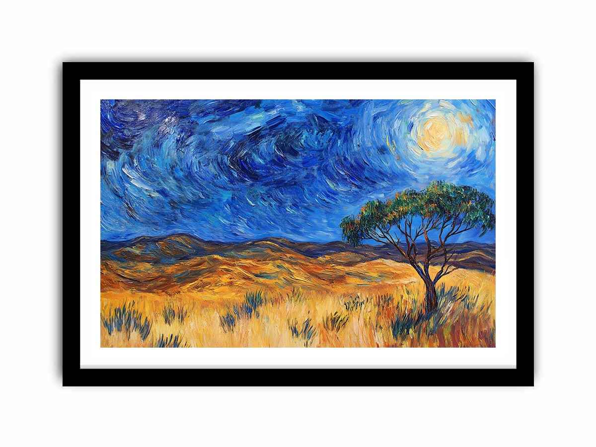 Moonlit savannah landscape canvas art with lone tree and swirling night sky for elegant living room decor