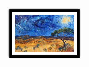 Moonlit savannah landscape canvas art with lone tree and swirling night sky for elegant living room decor