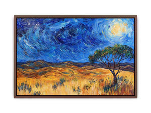 Moonlit savannah landscape canvas art with lone tree and swirling night sky for elegant living room decor
