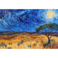 Moonlit savannah landscape canvas art with lone tree and swirling night sky for elegant living room decor