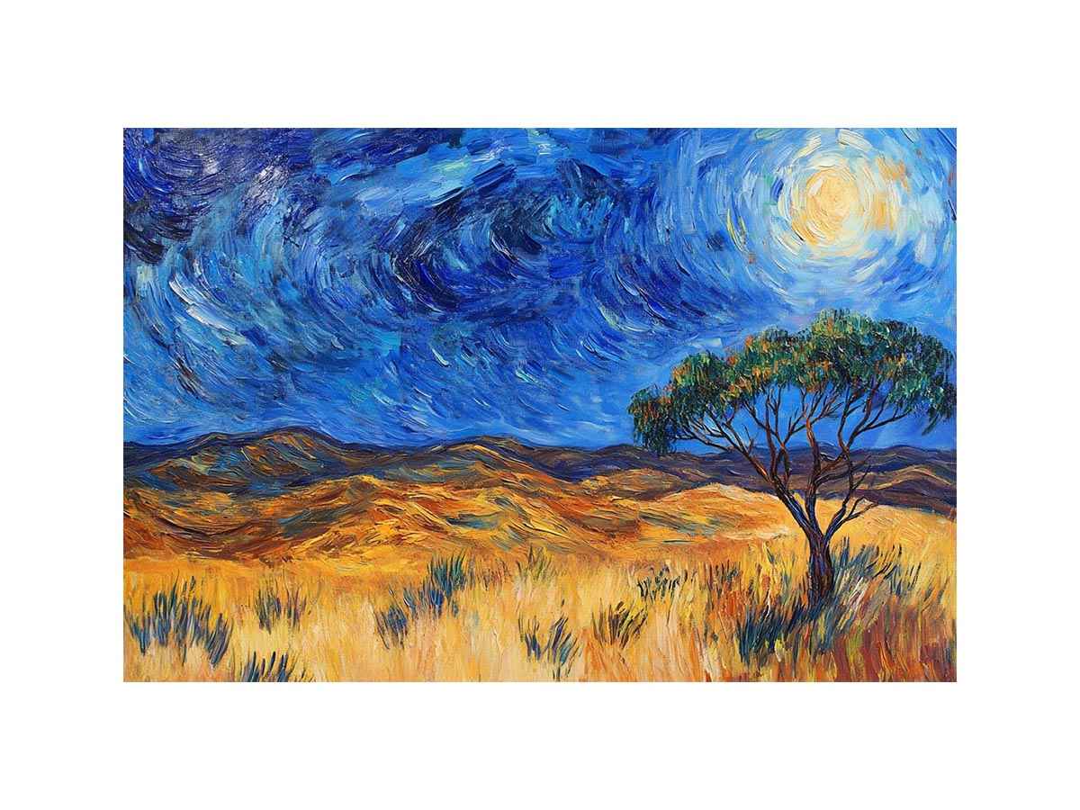 Moonlit savannah landscape canvas art with lone tree and swirling night sky for elegant living room decor