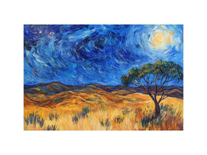 Moonlit savannah landscape canvas art with lone tree and swirling night sky for elegant living room decor