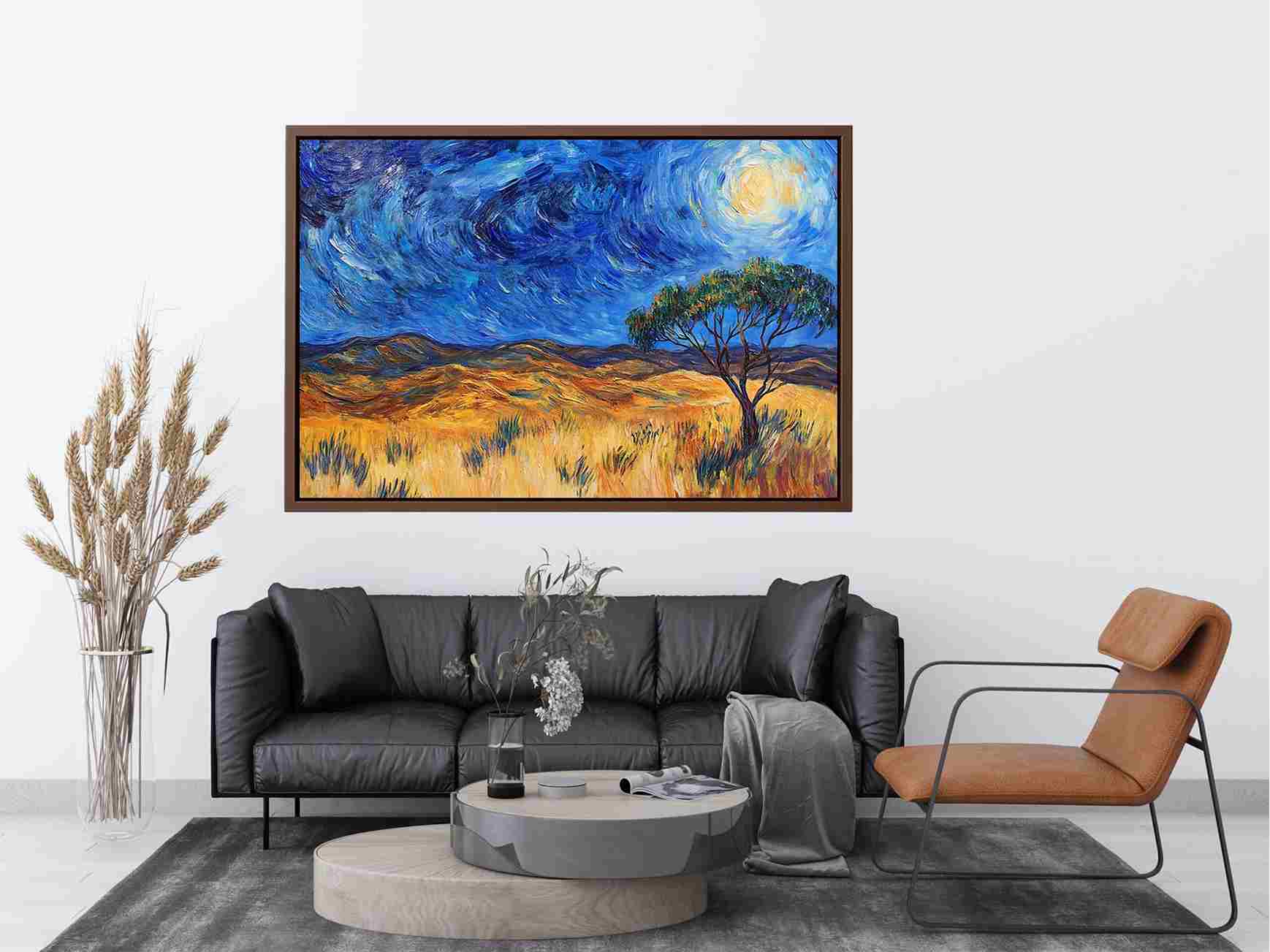 Moonlit savannah landscape canvas art with lone tree and swirling night sky for elegant living room decor