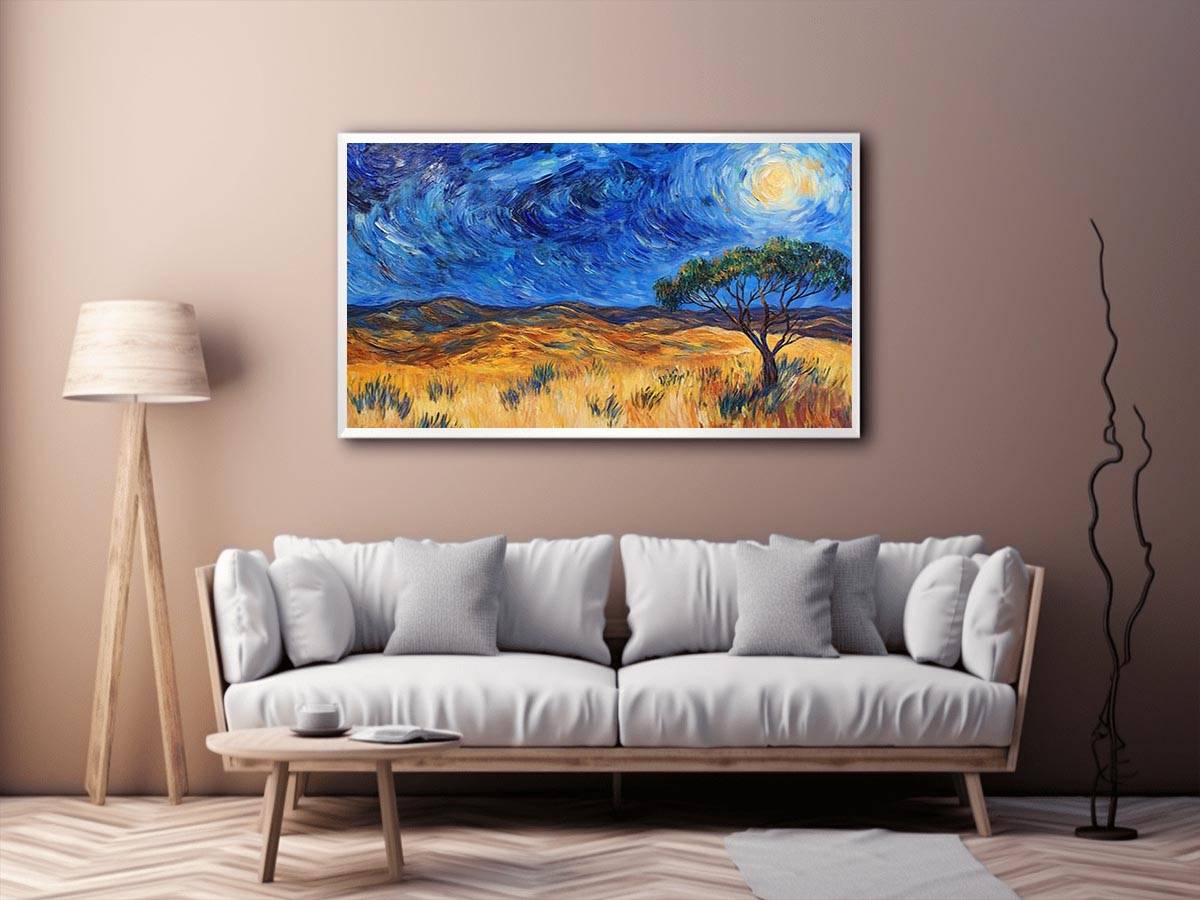 Moonlit savannah landscape canvas art with lone tree and swirling night sky for elegant living room decor