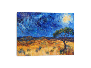 Moonlit savannah landscape canvas art with lone tree and swirling night sky for elegant living room decor