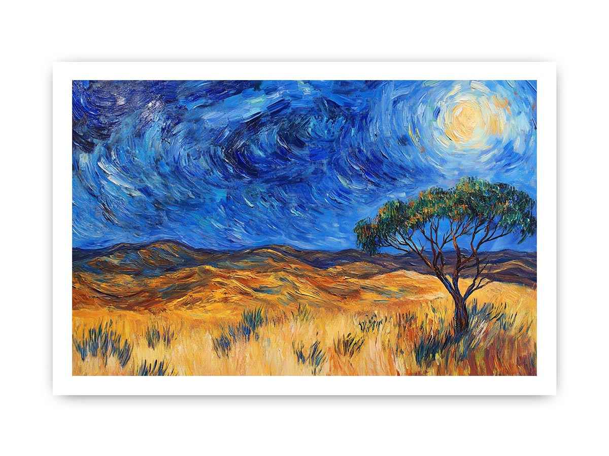 Moonlit savannah landscape canvas art with lone tree and swirling night sky for elegant living room decor