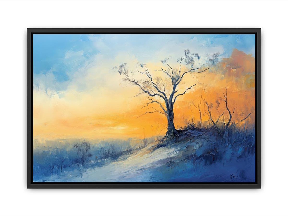 Winter hillside canvas art with solitary tree and soft sunrise colors for calming bedroom decor