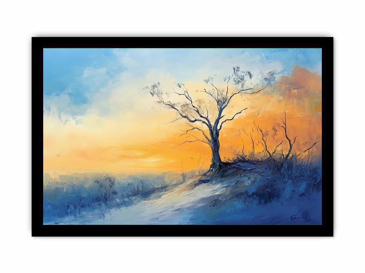Winter hillside canvas art with solitary tree and soft sunrise colors for calming bedroom decor
