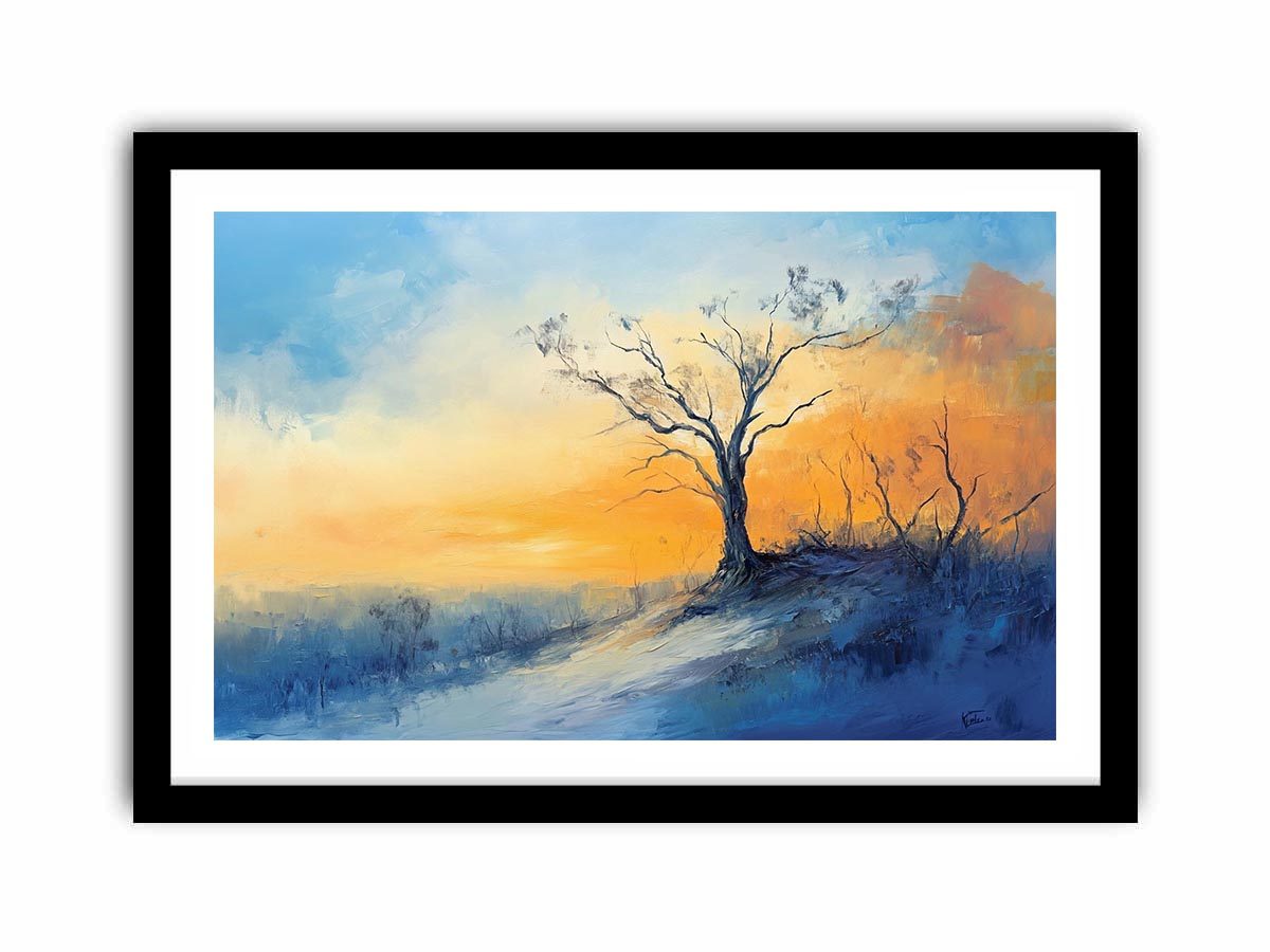 Winter hillside canvas art with solitary tree and soft sunrise colors for calming bedroom decor