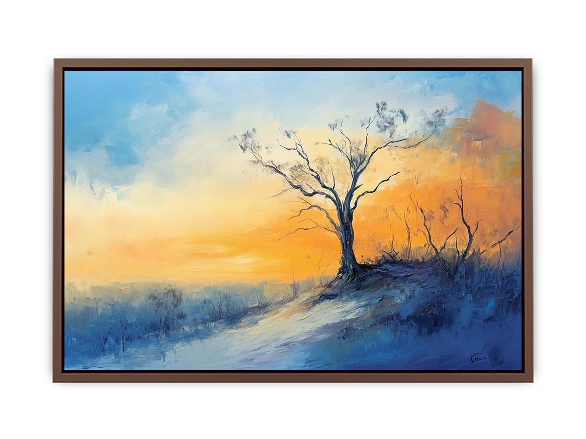 Winter hillside canvas art with solitary tree and soft sunrise colors for calming bedroom decor