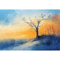 Winter hillside canvas art with solitary tree and soft sunrise colors for calming bedroom decor