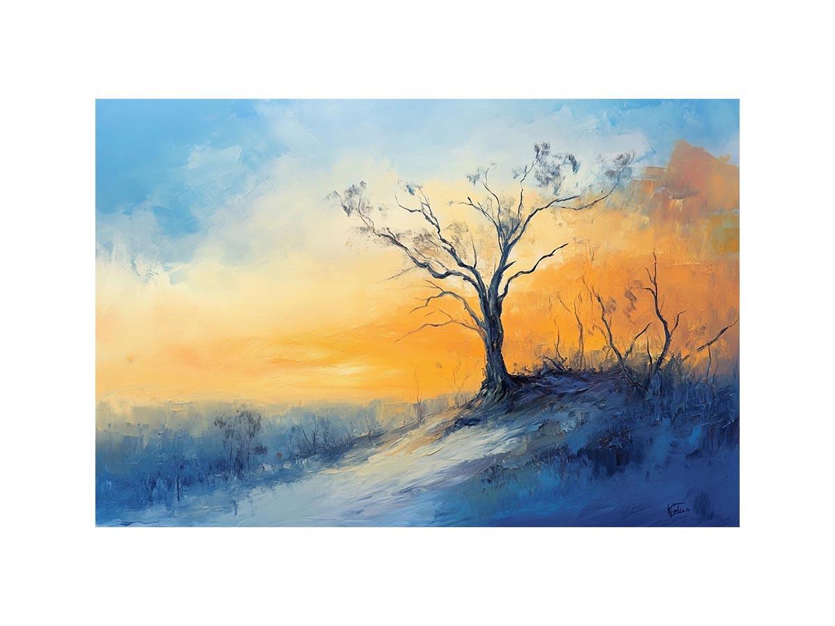 Winter hillside canvas art with solitary tree and soft sunrise colors for calming bedroom decor