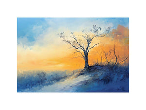 Winter hillside canvas art with solitary tree and soft sunrise colors for calming bedroom decor