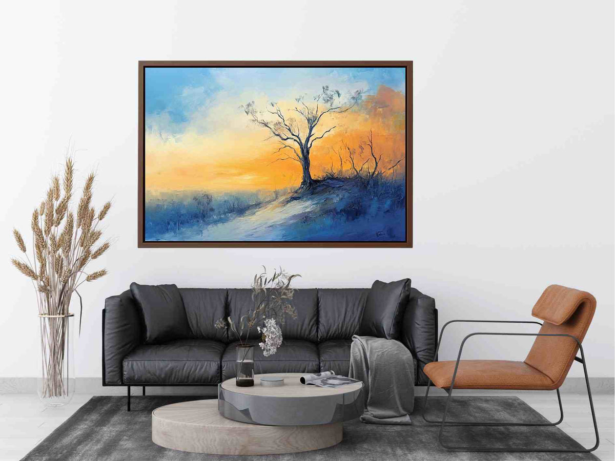 Winter hillside canvas art with solitary tree and soft sunrise colors for calming bedroom decor