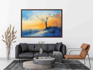 Winter hillside canvas art with solitary tree and soft sunrise colors for calming bedroom decor