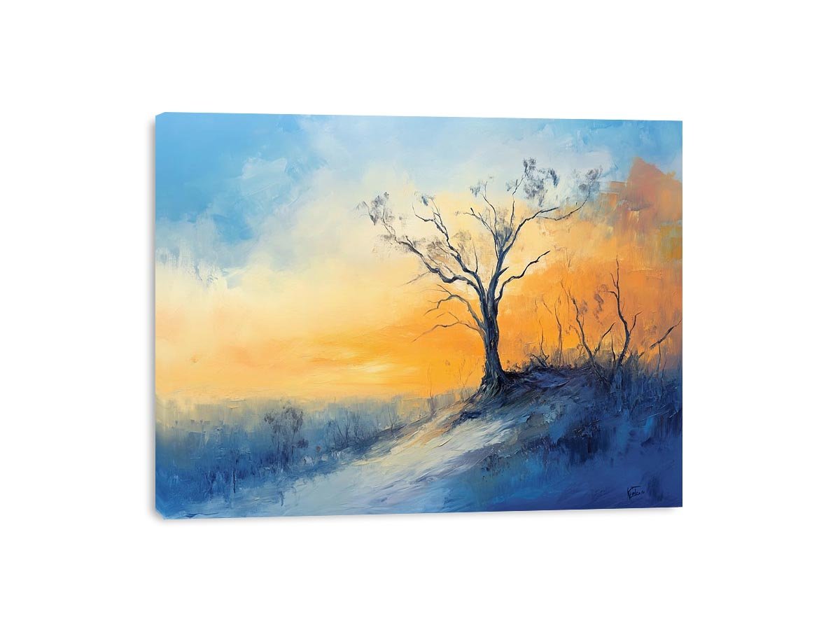 Winter hillside canvas art with solitary tree and soft sunrise colors for calming bedroom decor