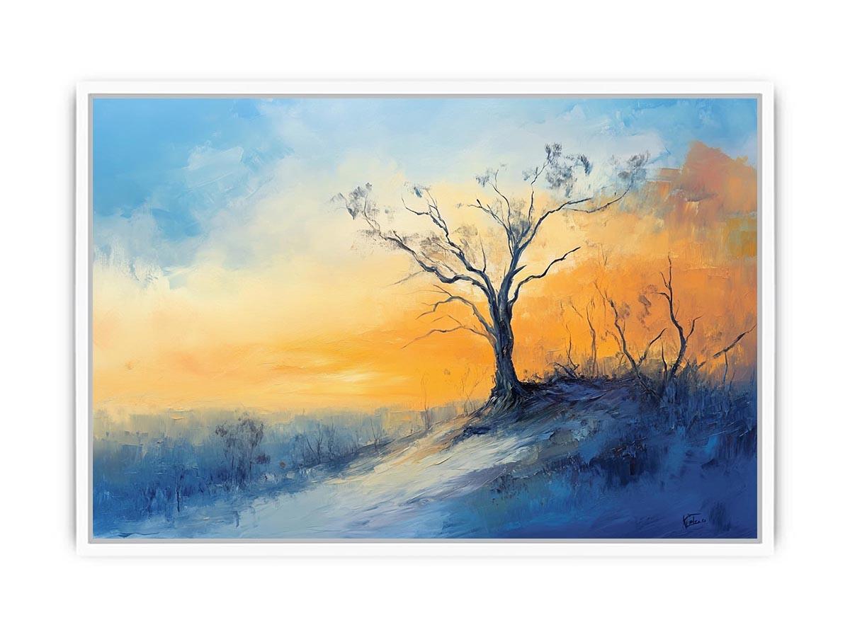 Winter hillside canvas art with solitary tree and soft sunrise colors for calming bedroom decor