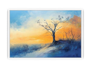 Winter hillside canvas art with solitary tree and soft sunrise colors for calming bedroom decor