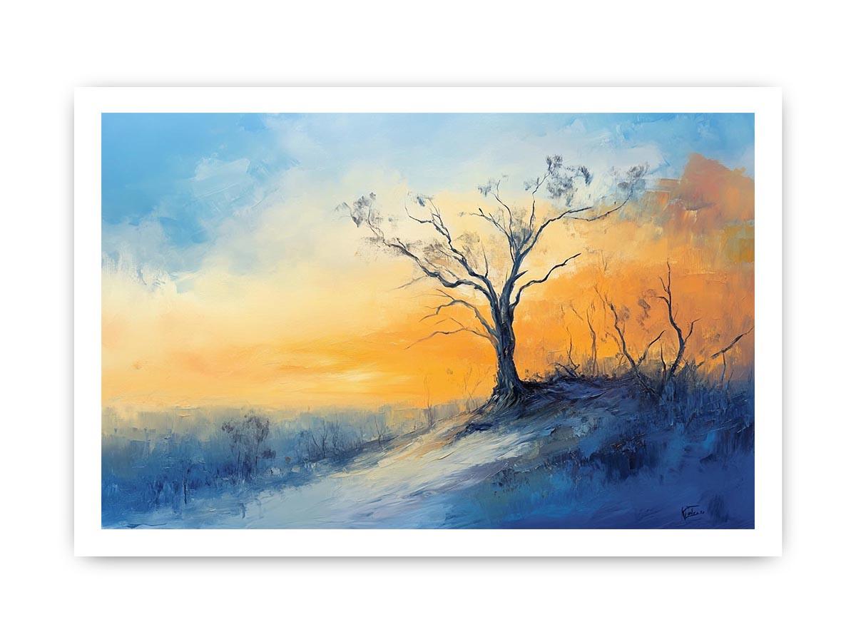 Winter hillside canvas art with solitary tree and soft sunrise colors for calming bedroom decor