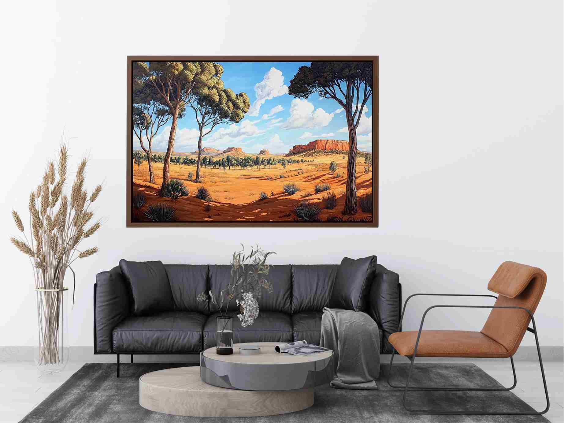 Desert landscape canvas art with trees and mesas for warm modern living room decor