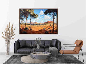 Desert landscape canvas art with trees and mesas for warm modern living room decor