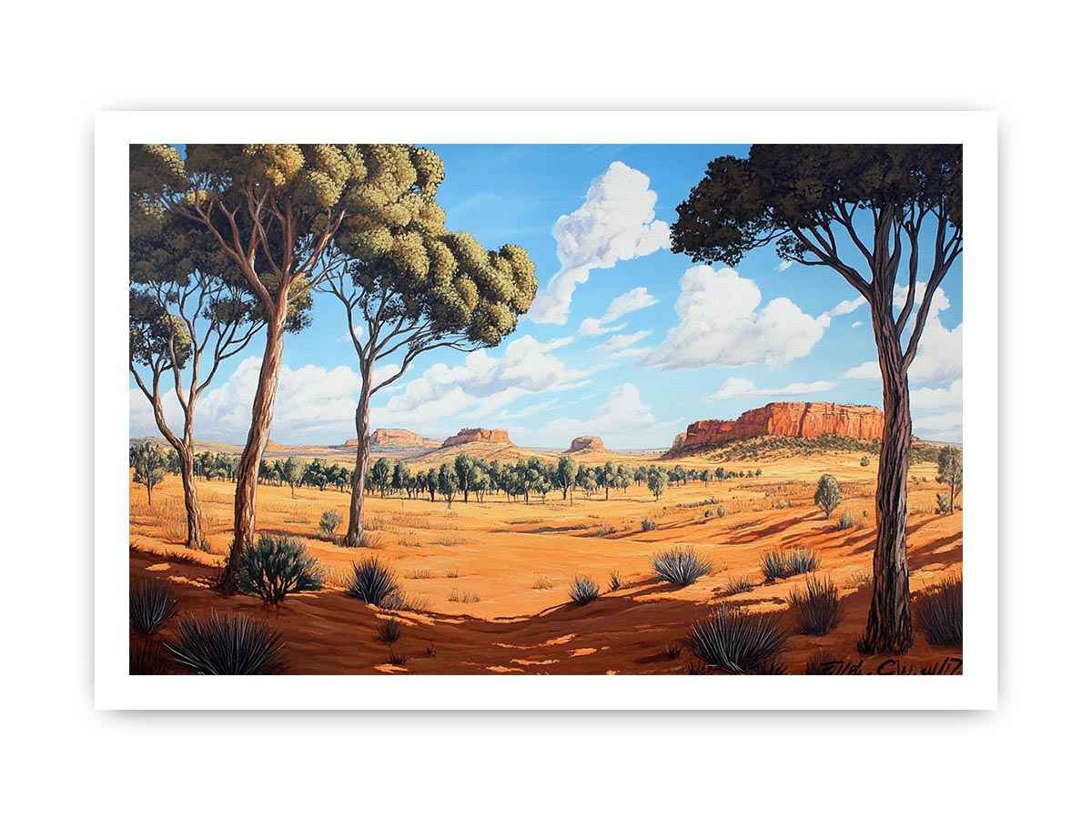 Desert landscape canvas art with trees and mesas for warm modern living room decor