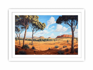Desert landscape canvas art with trees and mesas for warm modern living room decor
