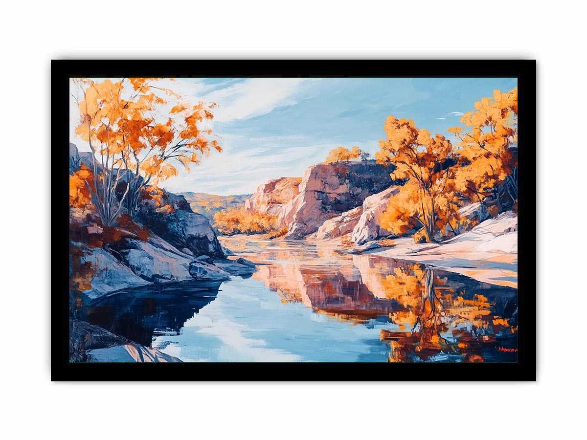 Autumn river canyon canvas art with reflective water for elegant modern interior decor