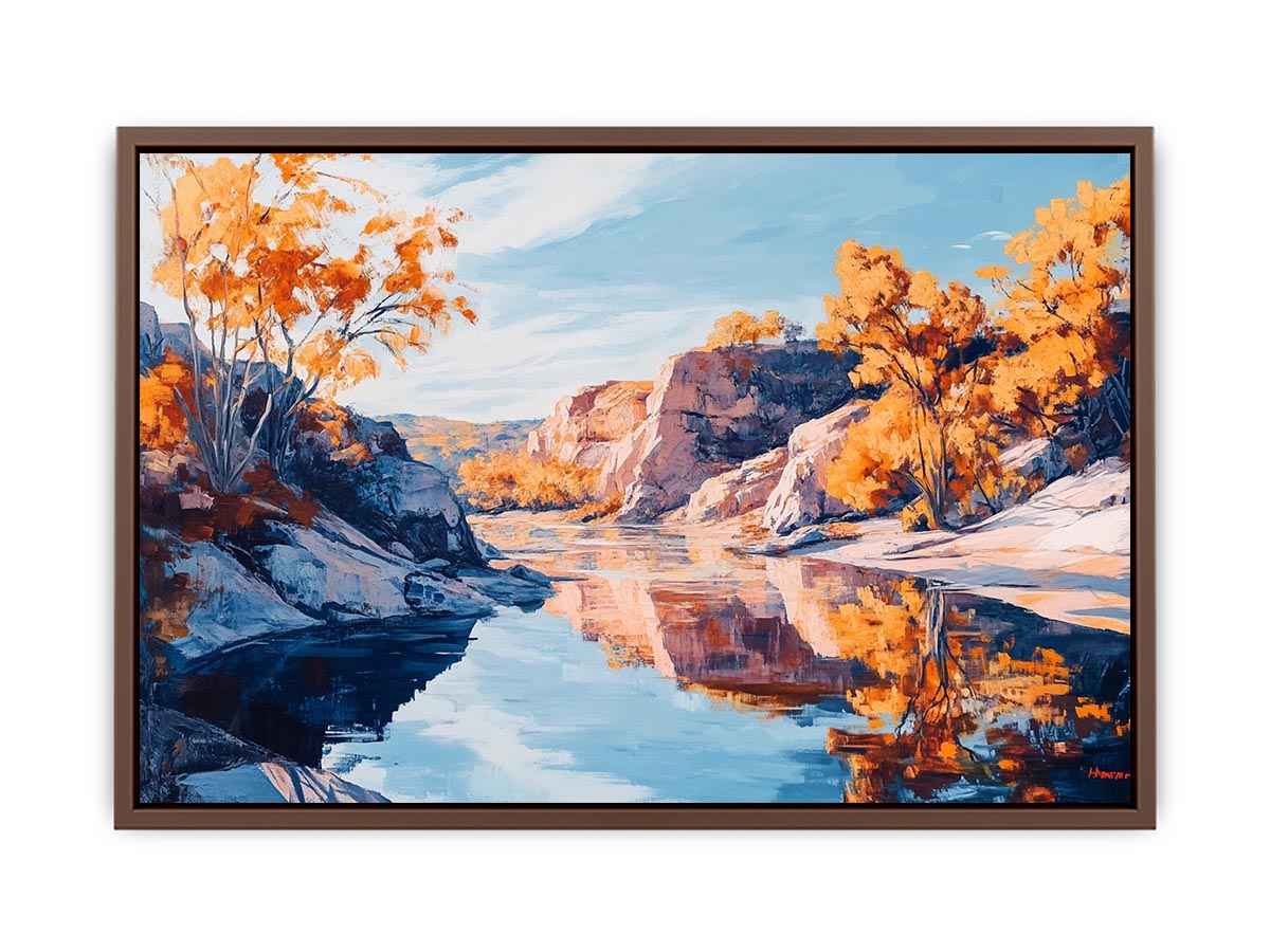 Autumn river canyon canvas art with reflective water for elegant modern interior decor
