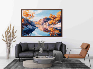 Autumn river canyon canvas art with reflective water for elegant modern interior decor