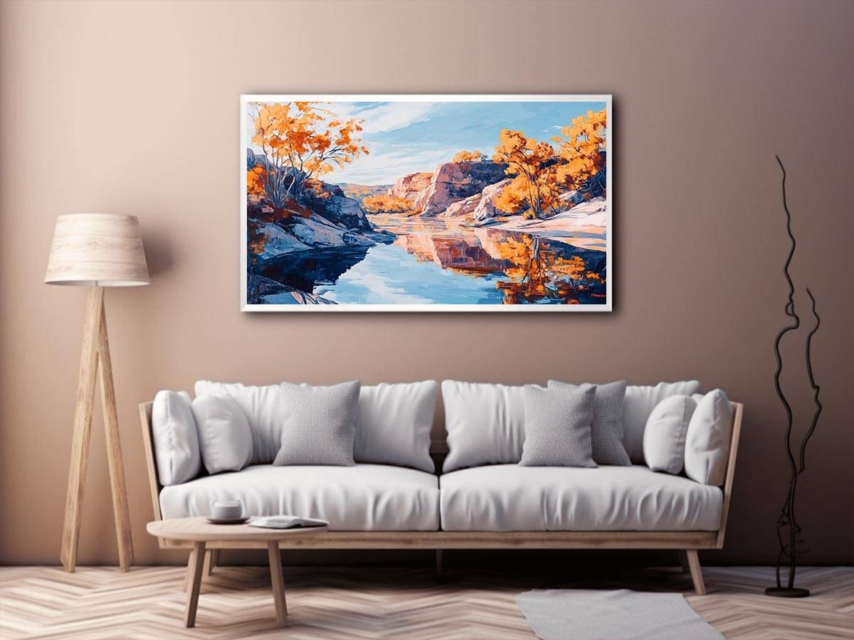 Autumn river canyon canvas art with reflective water for elegant modern interior decor