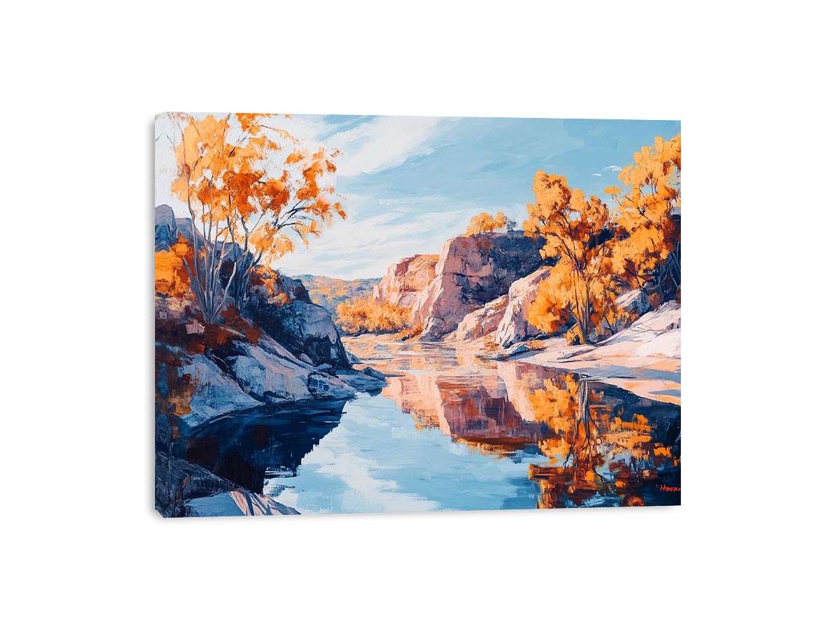 Autumn river canyon canvas art with reflective water for elegant modern interior decor