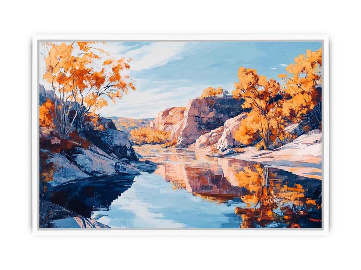 Autumn river canyon canvas art with reflective water for elegant modern interior decor