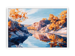 Autumn river canyon canvas art with reflective water for elegant modern interior decor