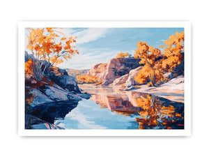 Autumn river canyon canvas art with reflective water for elegant modern interior decor