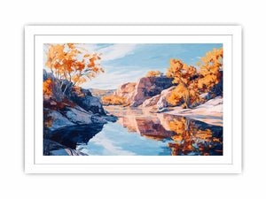 Autumn river canyon canvas art with reflective water for elegant modern interior decor