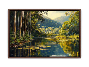 Forest river canvas art with lush trees and reflections for serene living room decor