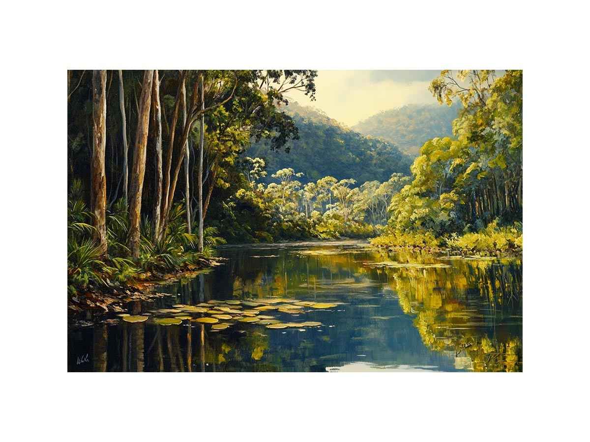 Forest river canvas art with lush trees and reflections for serene living room decor