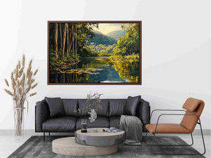 Forest river canvas art with lush trees and reflections for serene living room decor