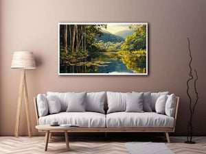 Forest river canvas art with lush trees and reflections for serene living room decor