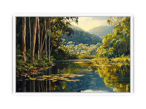 Forest river canvas art with lush trees and reflections for serene living room decor