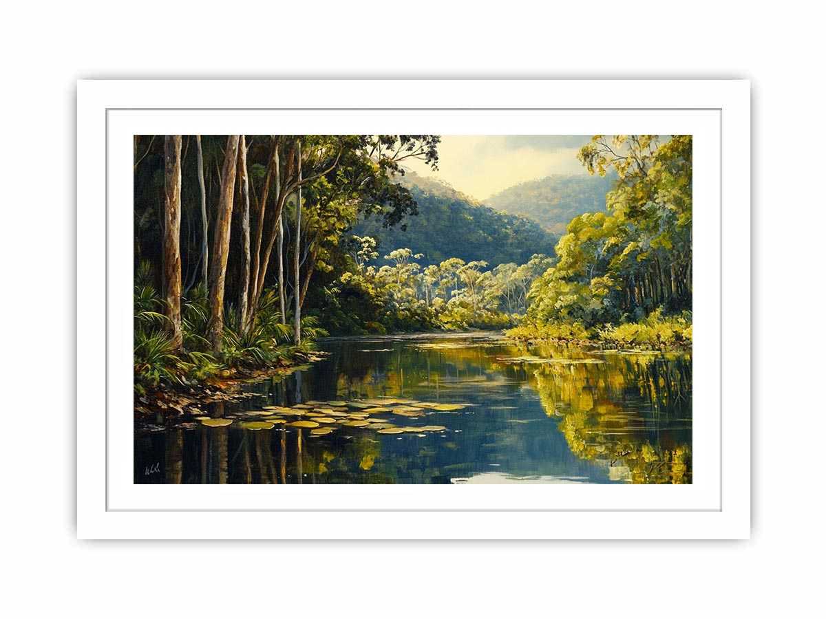 Forest river canvas art with lush trees and reflections for serene living room decor