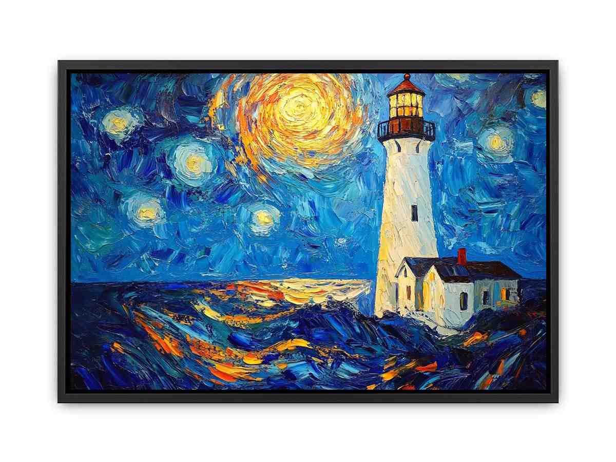 Coastal lighthouse canvas art with starry moonlit sky and ocean waves for modern living room decor.