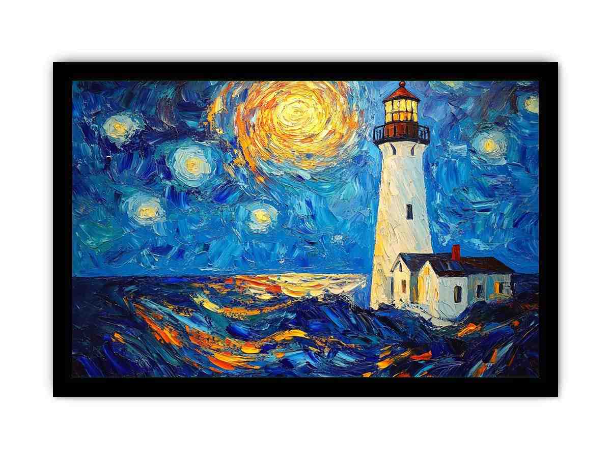 Coastal lighthouse canvas art with starry moonlit sky and ocean waves for modern living room decor.