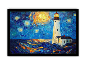 Coastal lighthouse canvas art with starry moonlit sky and ocean waves for modern living room decor.